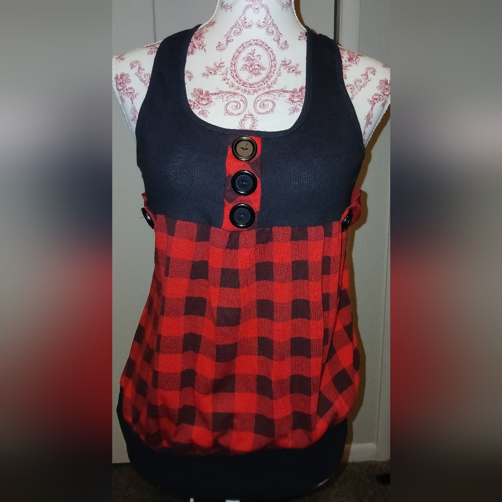 SOLD Red and Black Plaid Top with Button Detail